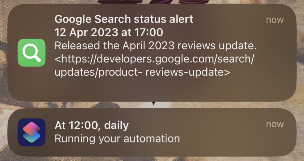 Screenshot showing iOS notifications of an update on Google's Search Status Dashboard