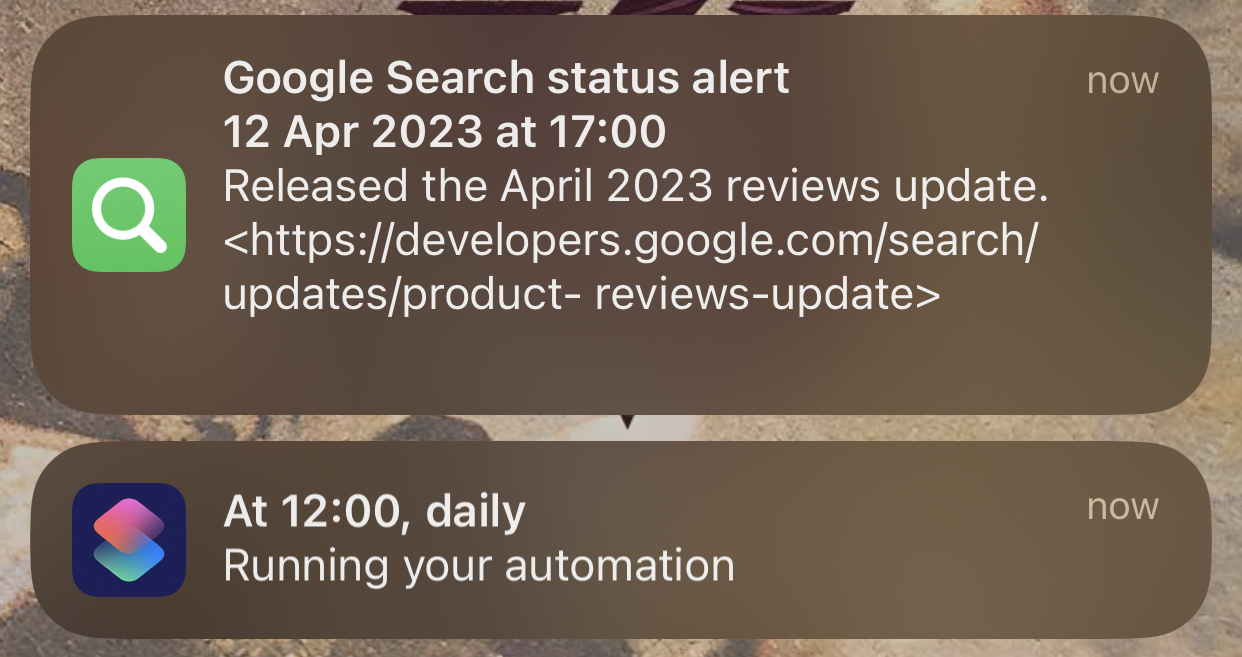 Google Search Status dashboard – iOS shortcut
